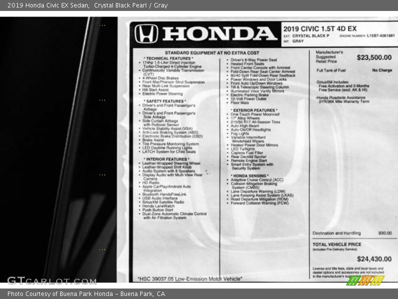 Crystal Black Pearl / Gray 2019 Honda Civic EX Sedan