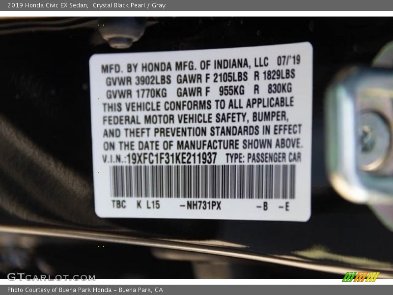 Crystal Black Pearl / Gray 2019 Honda Civic EX Sedan
