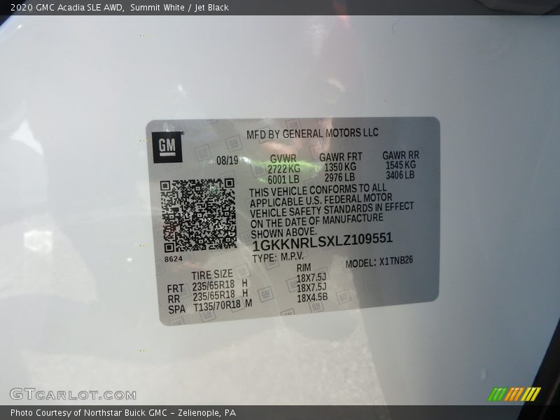 Summit White / Jet Black 2020 GMC Acadia SLE AWD