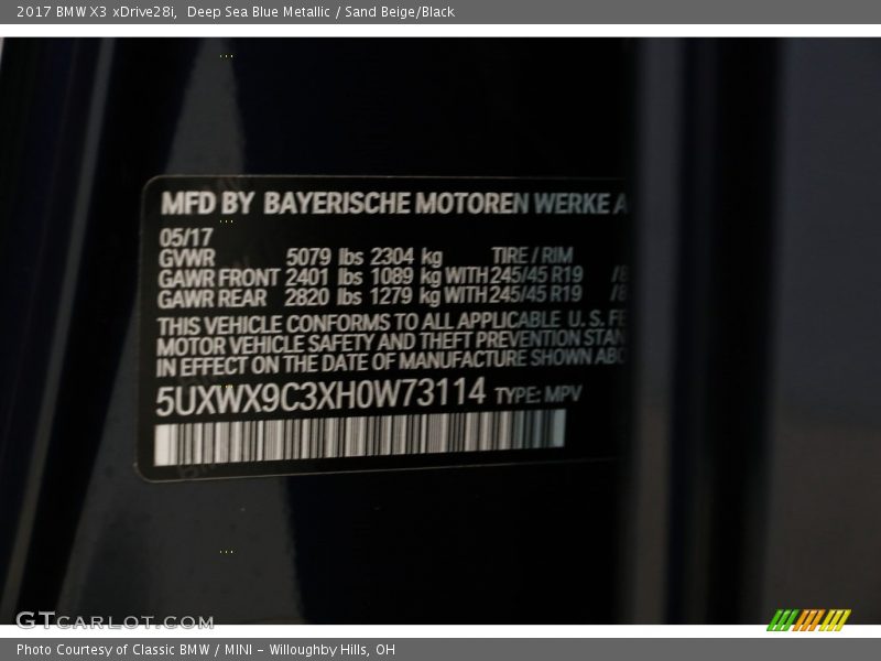 Deep Sea Blue Metallic / Sand Beige/Black 2017 BMW X3 xDrive28i