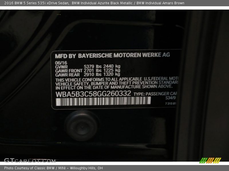 2016 5 Series 535i xDrive Sedan BMW Individual Azurite Black Metallic Color Code S34