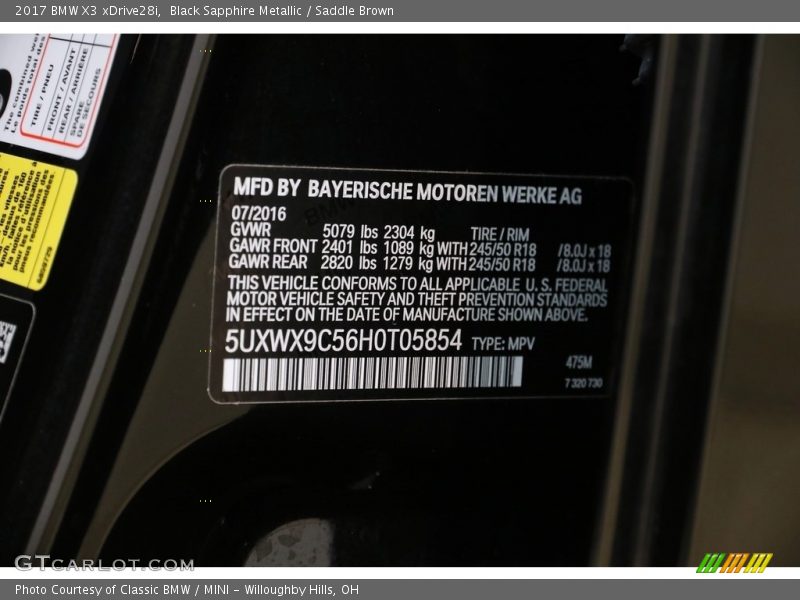 Black Sapphire Metallic / Saddle Brown 2017 BMW X3 xDrive28i