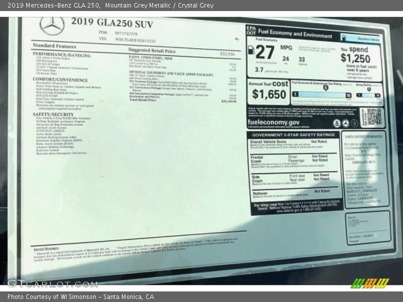Mountain Grey Metallic / Crystal Grey 2019 Mercedes-Benz GLA 250