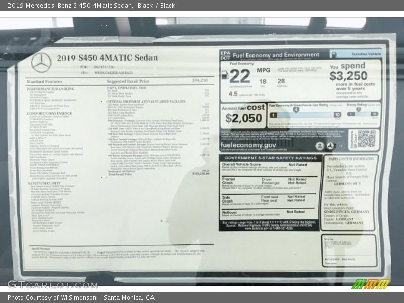  2019 S 450 4Matic Sedan Window Sticker