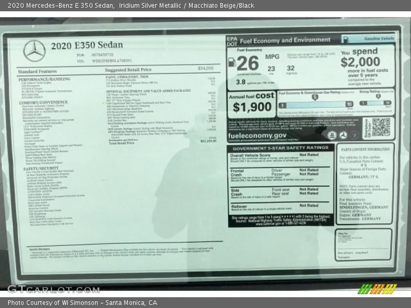  2020 E 350 Sedan Window Sticker