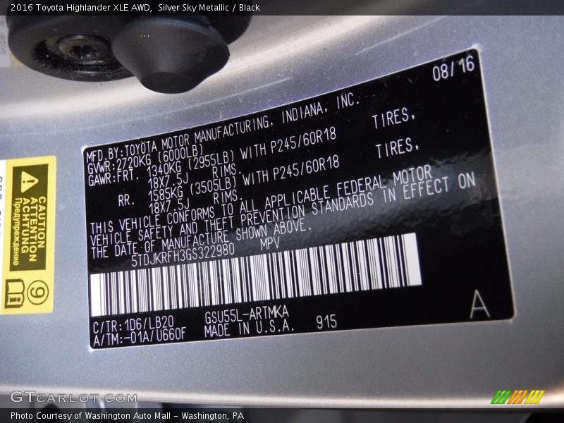 Silver Sky Metallic / Black 2016 Toyota Highlander XLE AWD
