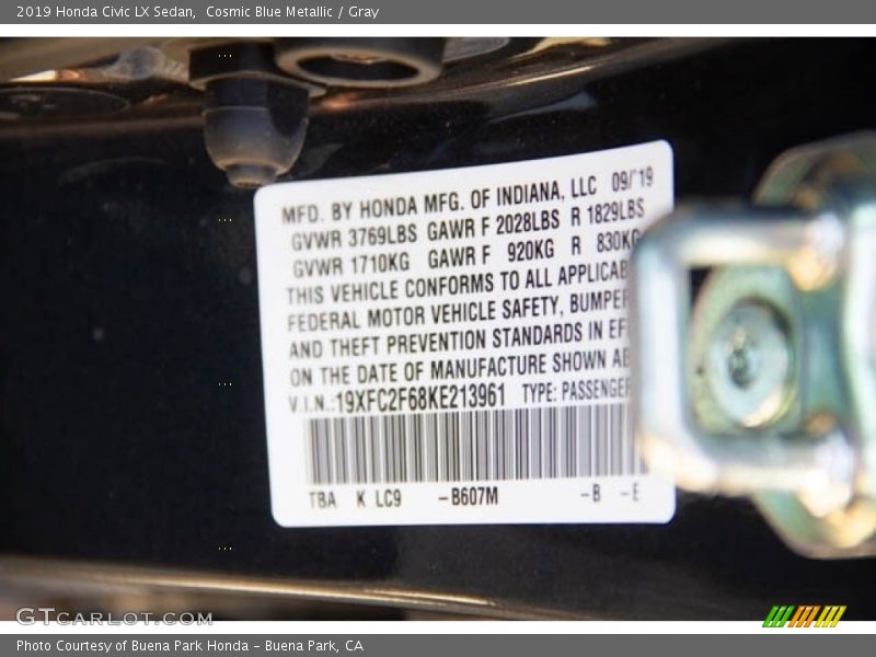 Cosmic Blue Metallic / Gray 2019 Honda Civic LX Sedan