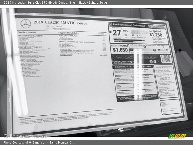  2019 CLA 250 4Matic Coupe Window Sticker