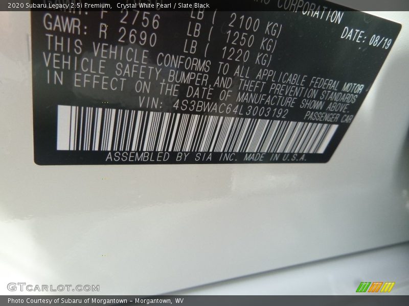 Crystal White Pearl / Slate Black 2020 Subaru Legacy 2.5i Premium