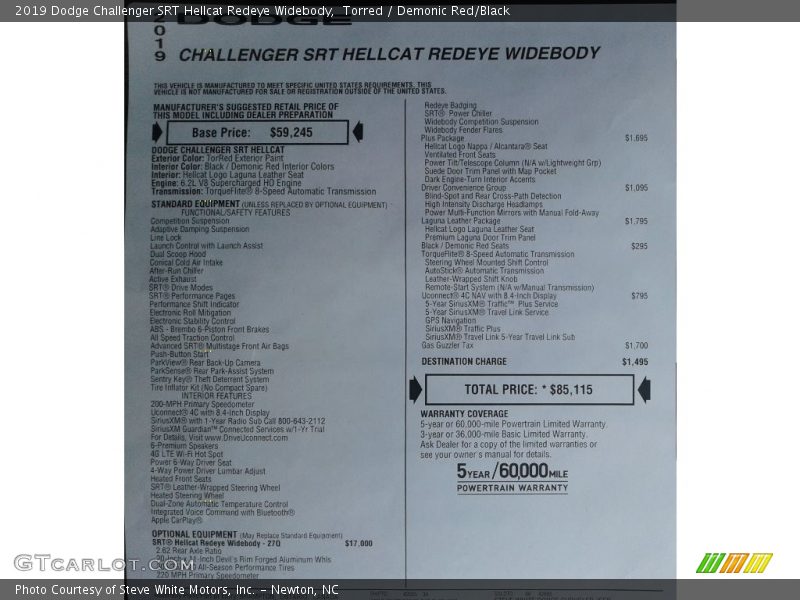  2019 Challenger SRT Hellcat Redeye Widebody Window Sticker