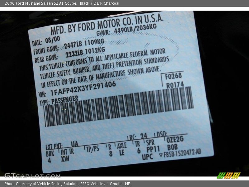 Black / Dark Charcoal 2000 Ford Mustang Saleen S281 Coupe