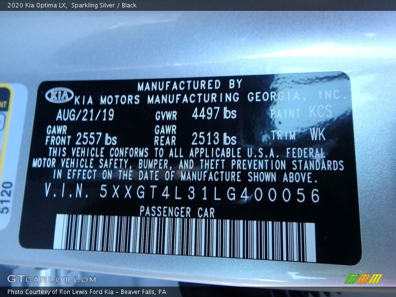 Sparkling Silver / Black 2020 Kia Optima LX