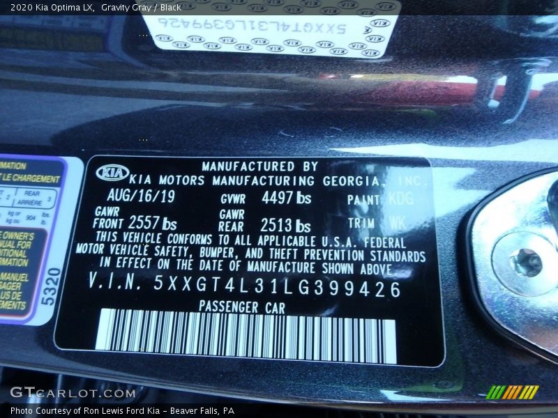 Gravity Gray / Black 2020 Kia Optima LX