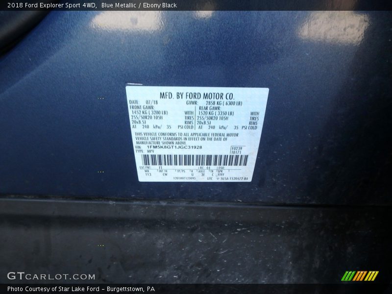 Blue Metallic / Ebony Black 2018 Ford Explorer Sport 4WD