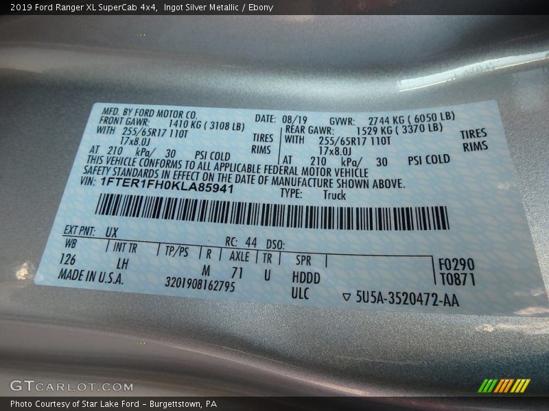 Ingot Silver Metallic / Ebony 2019 Ford Ranger XL SuperCab 4x4