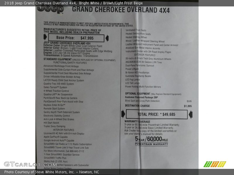 Bright White / Brown/Light Frost Beige 2018 Jeep Grand Cherokee Overland 4x4