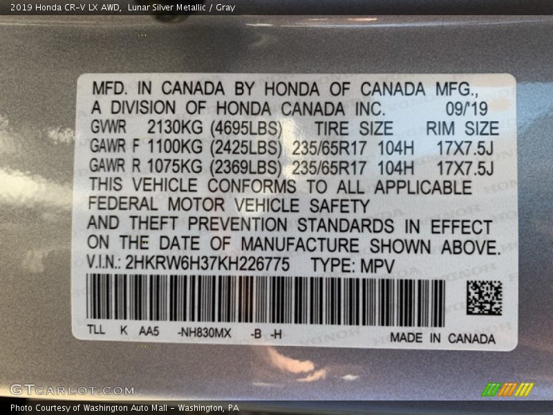 Lunar Silver Metallic / Gray 2019 Honda CR-V LX AWD