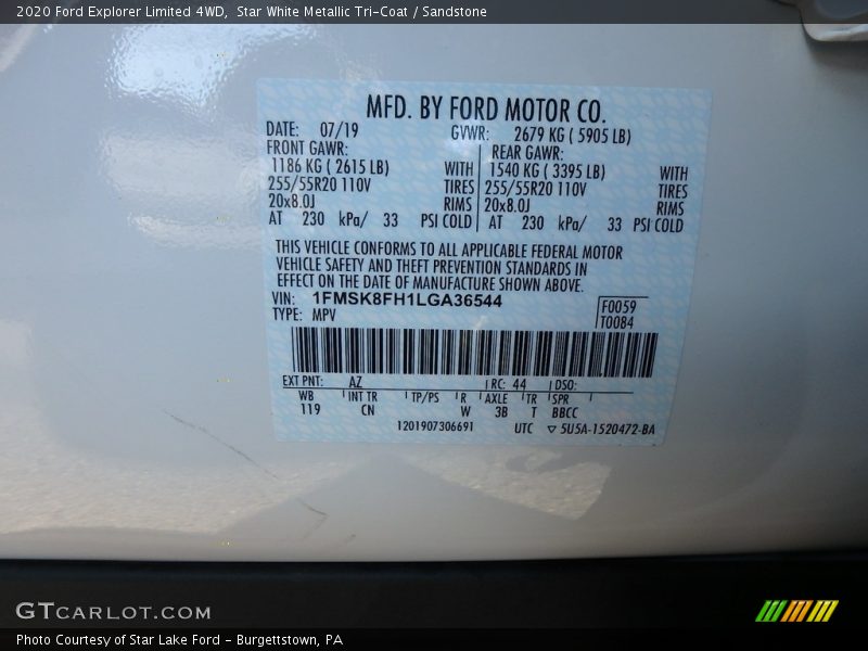 Star White Metallic Tri-Coat / Sandstone 2020 Ford Explorer Limited 4WD