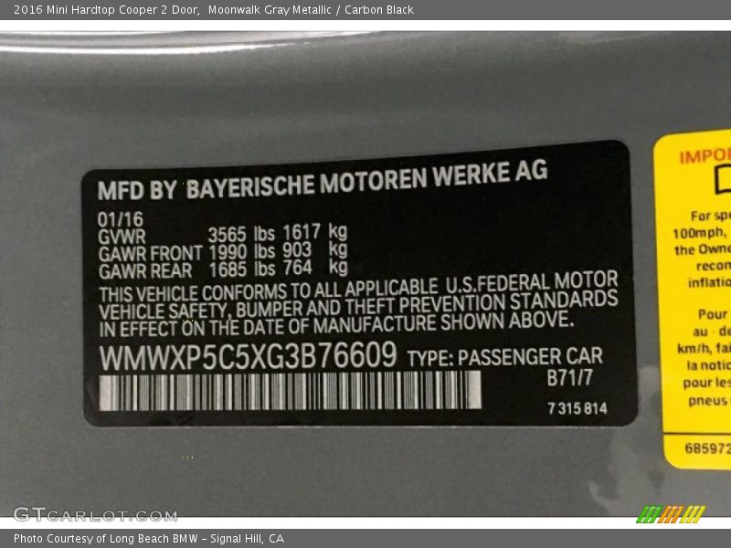 Moonwalk Gray Metallic / Carbon Black 2016 Mini Hardtop Cooper 2 Door