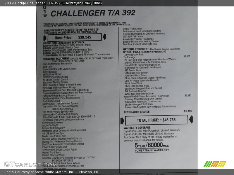 Destroyer Gray / Black 2019 Dodge Challenger T/A 392