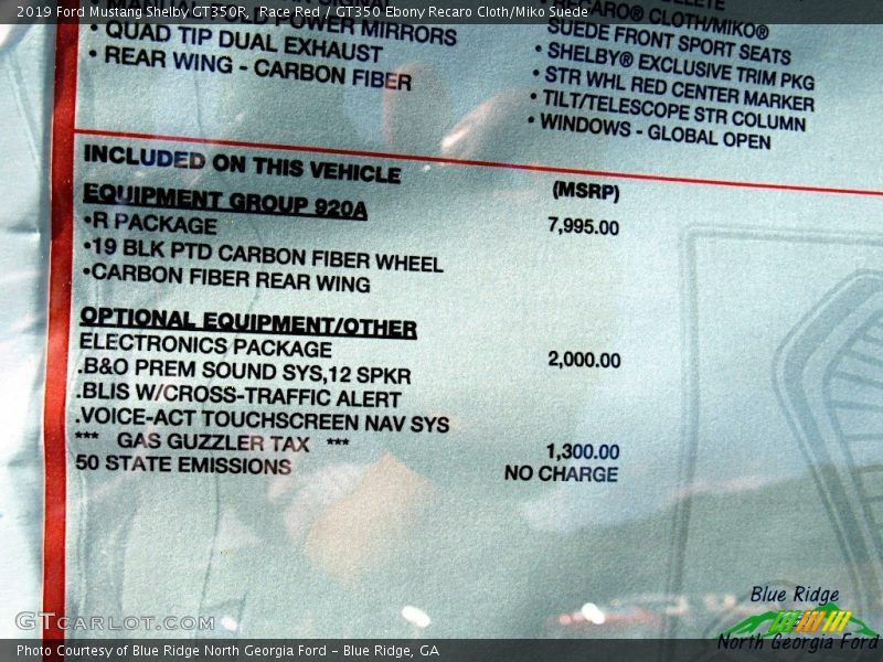  2019 Mustang Shelby GT350R Window Sticker