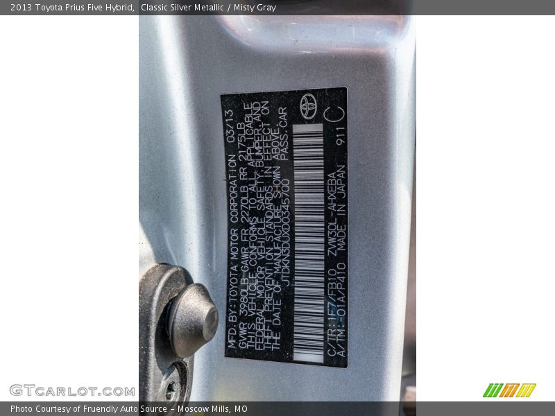 2013 Prius Five Hybrid Classic Silver Metallic Color Code 1F7