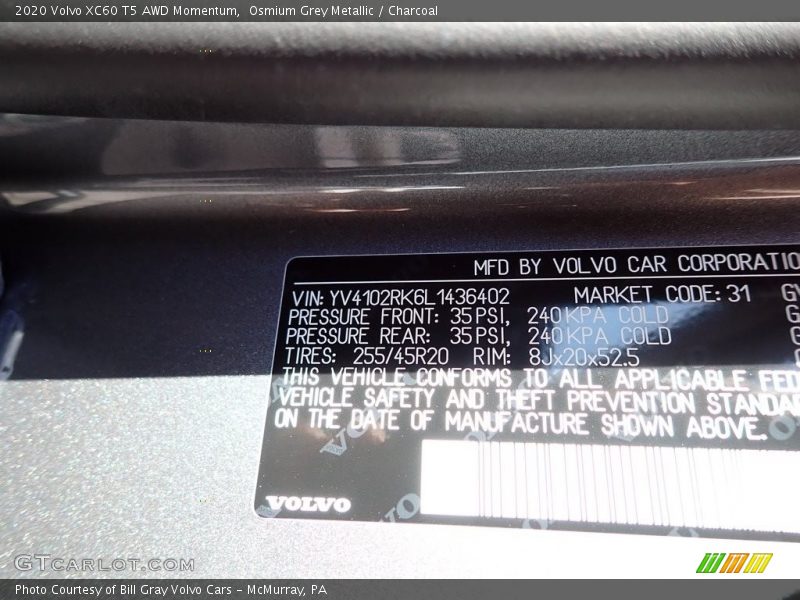 Osmium Grey Metallic / Charcoal 2020 Volvo XC60 T5 AWD Momentum