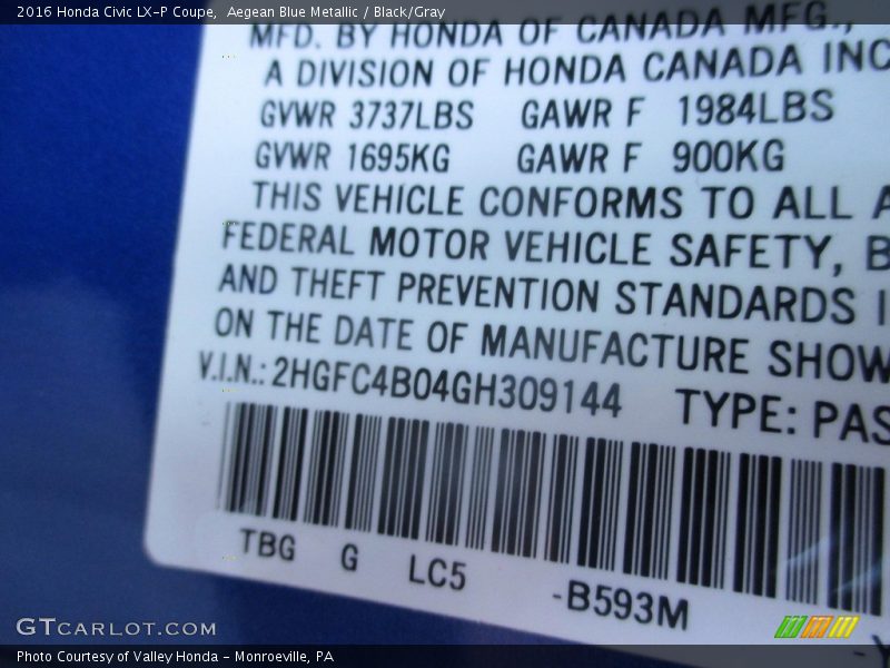 Aegean Blue Metallic / Black/Gray 2016 Honda Civic LX-P Coupe