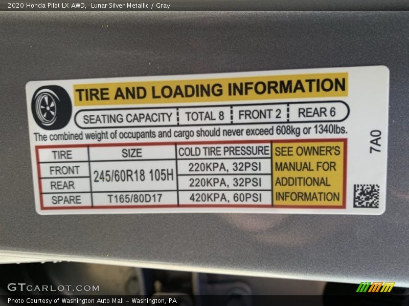 Info Tag of 2020 Pilot LX AWD