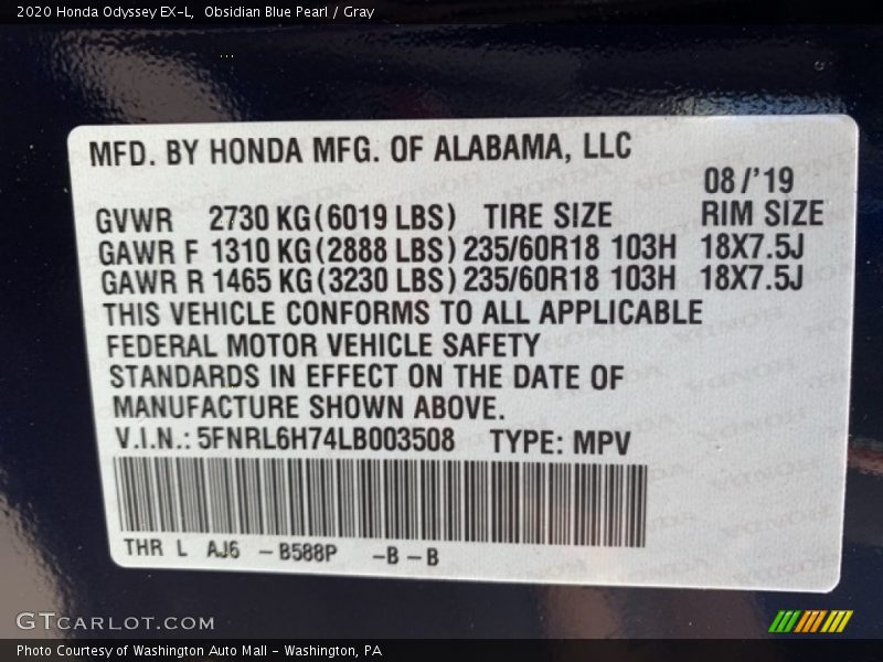 Obsidian Blue Pearl / Gray 2020 Honda Odyssey EX-L