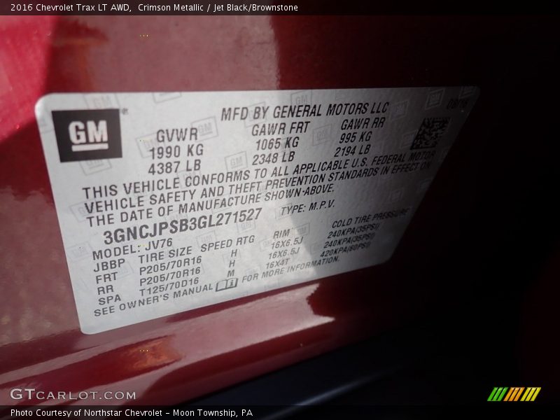 Crimson Metallic / Jet Black/Brownstone 2016 Chevrolet Trax LT AWD
