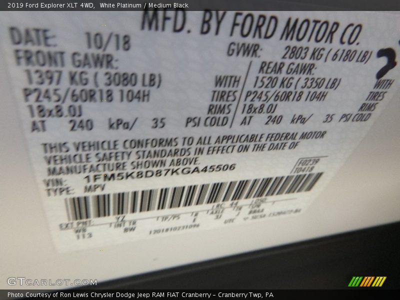 White Platinum / Medium Black 2019 Ford Explorer XLT 4WD