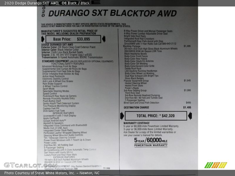  2020 Durango SXT AWD Window Sticker