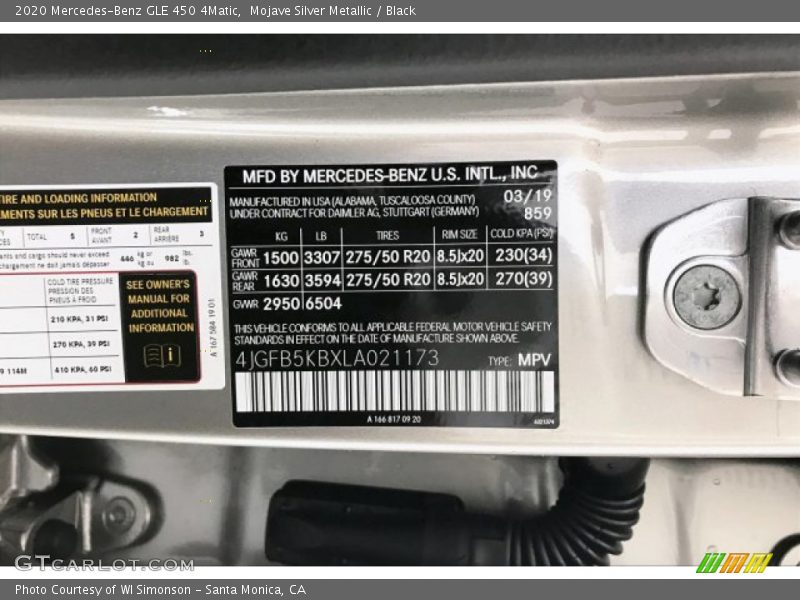2020 GLE 450 4Matic Mojave Silver Metallic Color Code 859