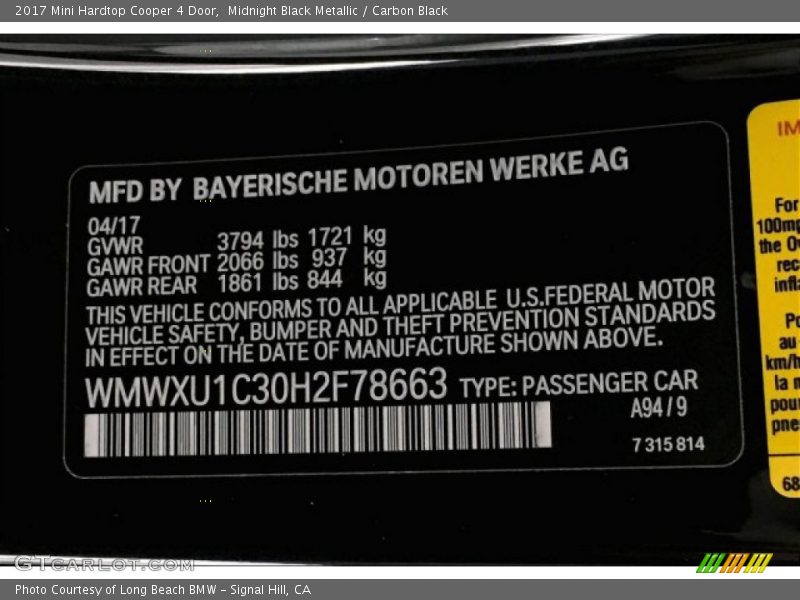 Midnight Black Metallic / Carbon Black 2017 Mini Hardtop Cooper 4 Door