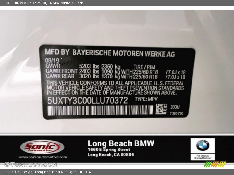 Alpine White / Black 2020 BMW X3 sDrive30i