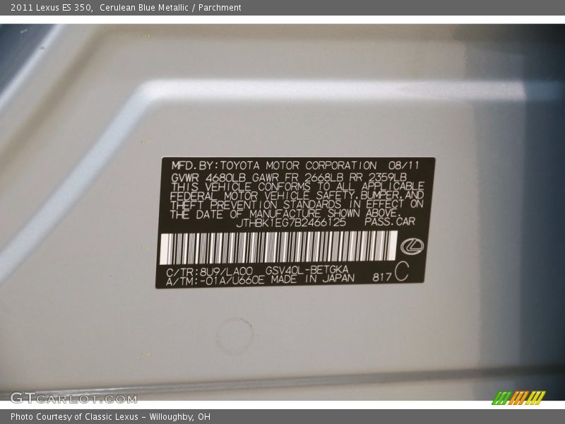2011 ES 350 Cerulean Blue Metallic Color Code 8U9