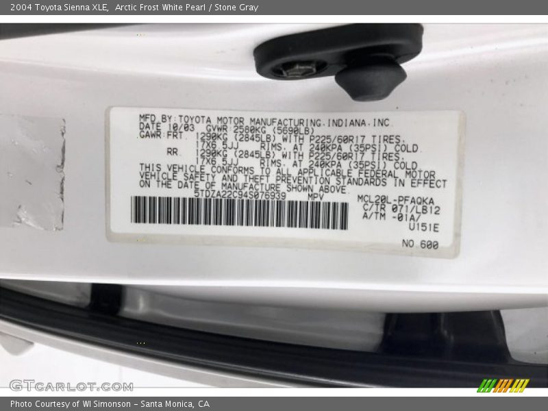 Arctic Frost White Pearl / Stone Gray 2004 Toyota Sienna XLE