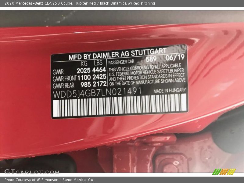 Jupiter Red / Black Dinamica w/Red stitching 2020 Mercedes-Benz CLA 250 Coupe