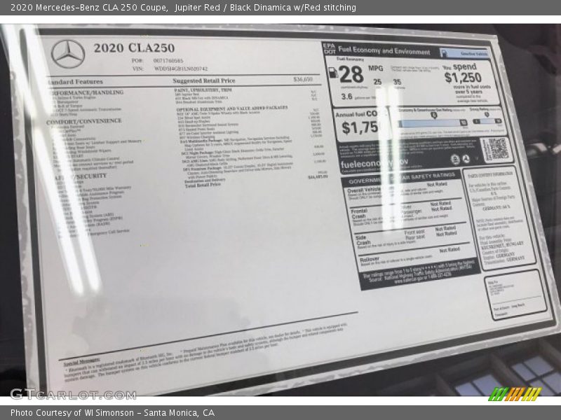  2020 CLA 250 Coupe Window Sticker