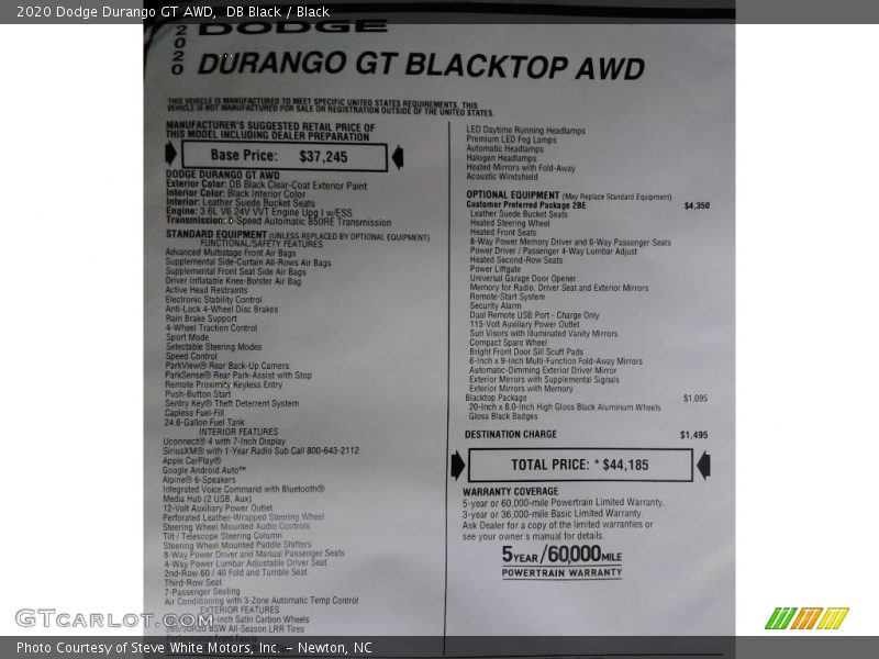 DB Black / Black 2020 Dodge Durango GT AWD