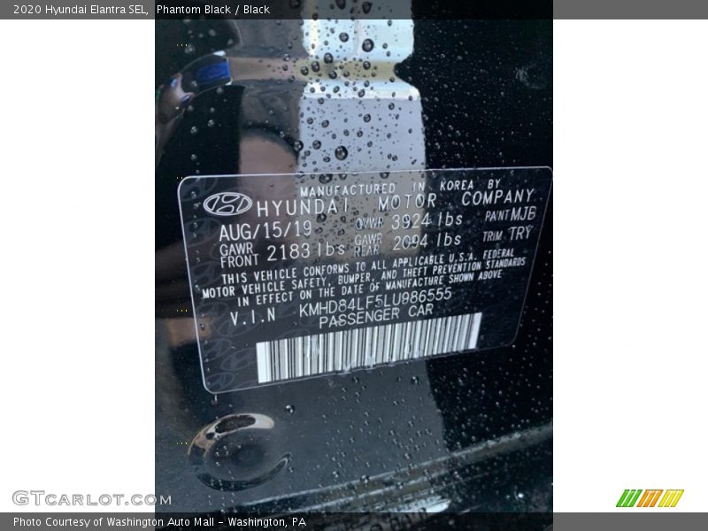 Phantom Black / Black 2020 Hyundai Elantra SEL