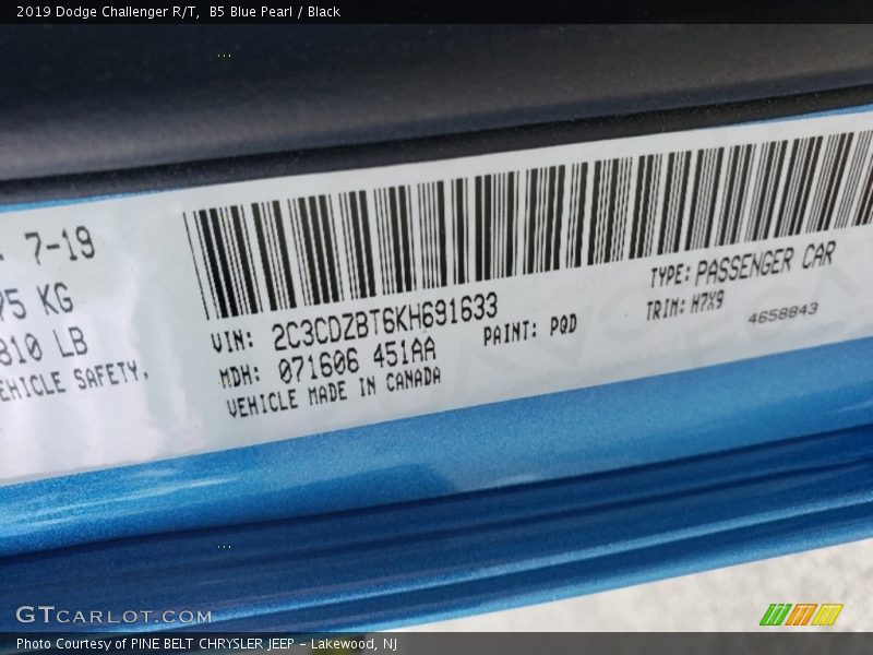2019 Challenger R/T B5 Blue Pearl Color Code PQD