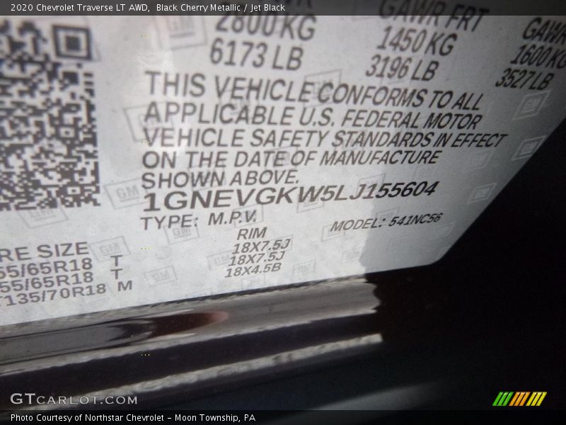 Black Cherry Metallic / Jet Black 2020 Chevrolet Traverse LT AWD
