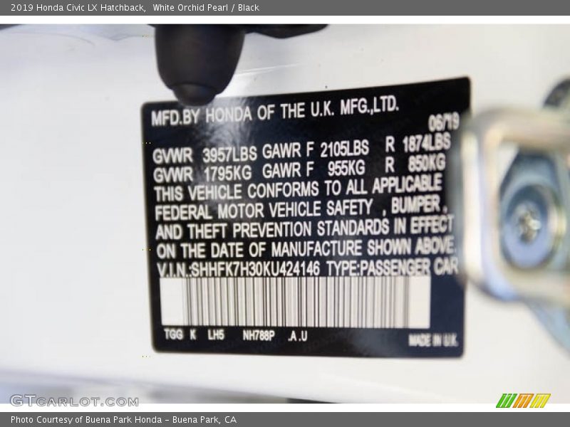 White Orchid Pearl / Black 2019 Honda Civic LX Hatchback