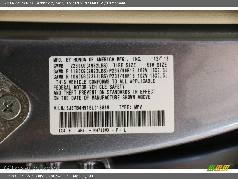 Forged Silver Metallic / Parchment 2014 Acura RDX Technology AWD