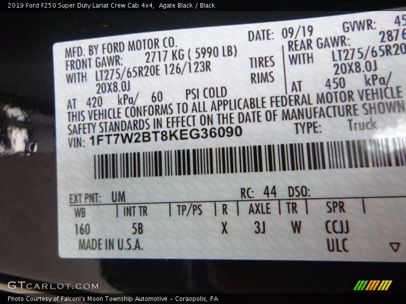 2019 F250 Super Duty Lariat Crew Cab 4x4 Agate Black Color Code UM