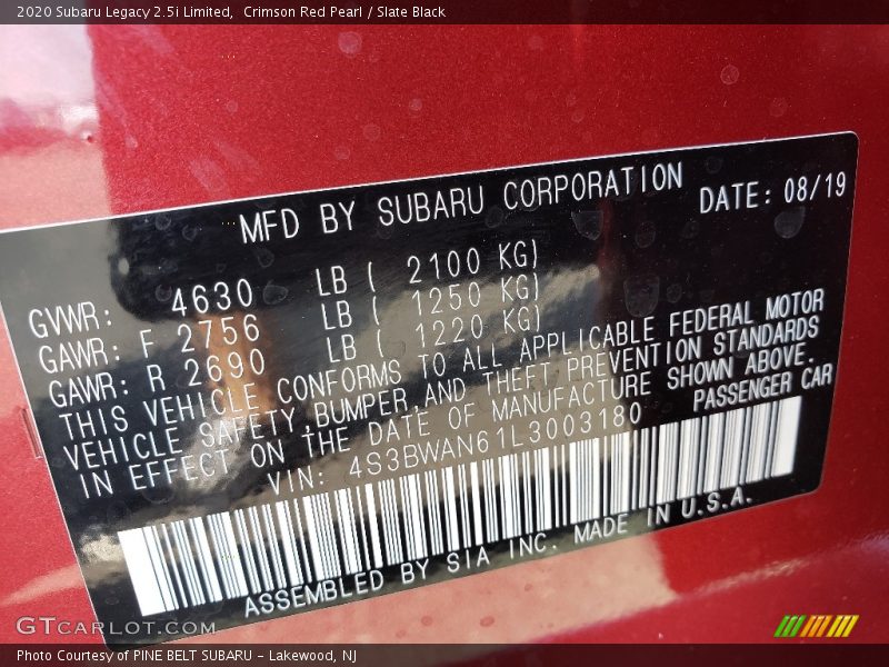 Crimson Red Pearl / Slate Black 2020 Subaru Legacy 2.5i Limited