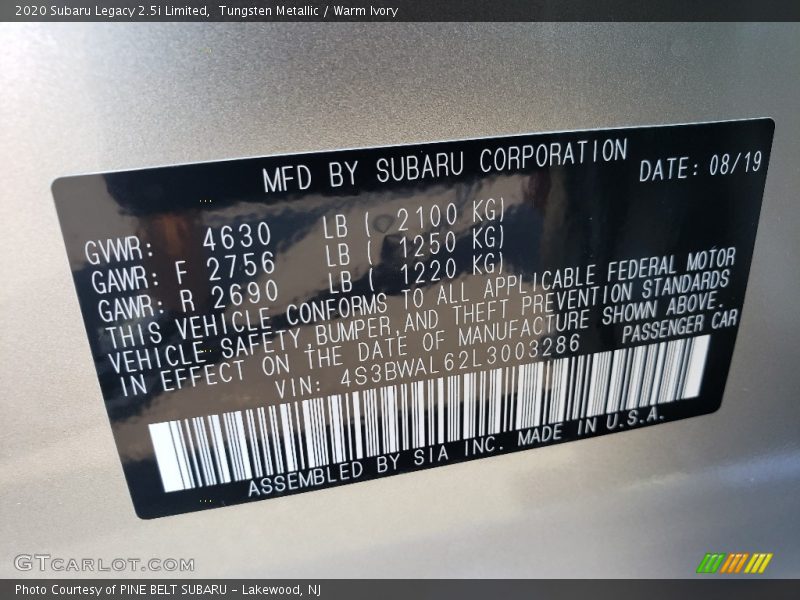 Tungsten Metallic / Warm Ivory 2020 Subaru Legacy 2.5i Limited