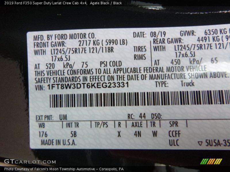 2019 F350 Super Duty Lariat Crew Cab 4x4 Agate Black Color Code UM